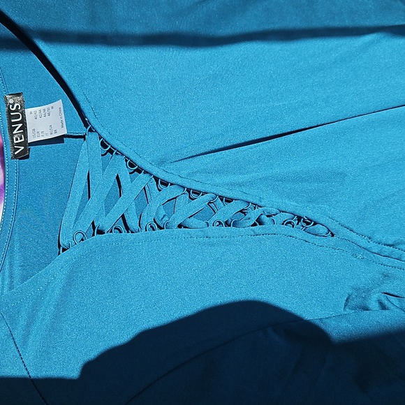 Teal Blouse With Faux Lace-up Detail And Big Bell Teired Sleeves - Picture 8 of 8